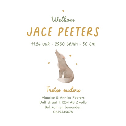 Geboortekaartje rond wolfje bloemen vogel lief lente Achterkant