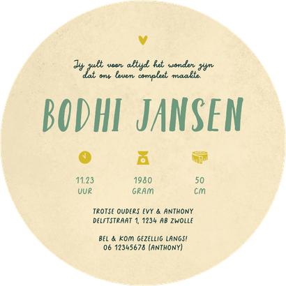 Geboortekaartje uniek bohemian in cirkelvorm groen kader Achterkant