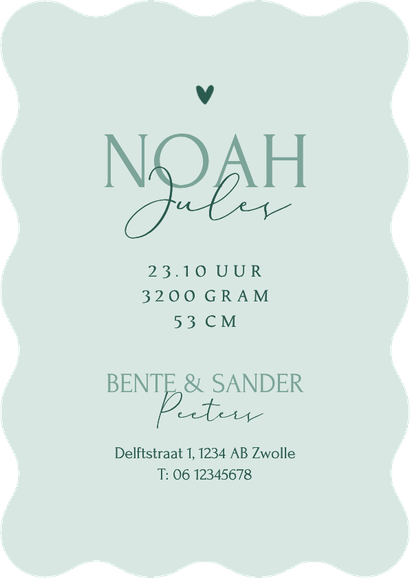 Geboortekaartje wave vorm stijlvol groen jongen hartje Achterkant