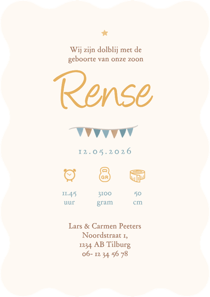 Golvend geboortekaartje blauwe luchtballon dieren sterren Achterkant