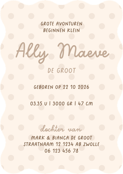 Golvend geboortekaartje polka dot beige Achterkant