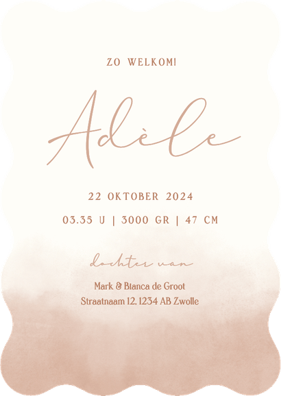 Golvend waterverf geboortekaartje met geïllustreerd strikje Achterkant