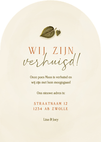 Grappig boog verhuiskaartje kat in plant Achterkant