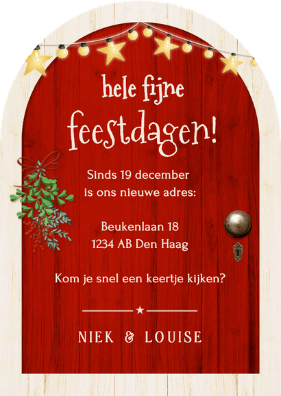 Grappige kerst verhuiskaart met rode deur in boogvorm Achterkant
