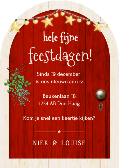 Grappige verhuiskaart en kerstkaart in deur vorm Achterkant