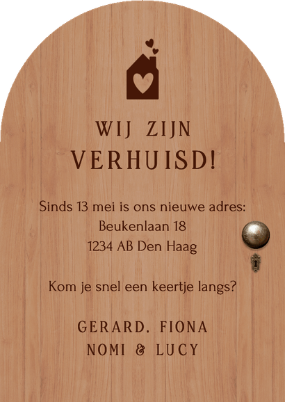 Grappige verhuiskaart in vorm van een voordeur met foto Achterkant