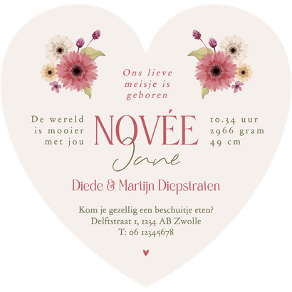 Hartvorm geboortekaartje bloemen meisje vintage stijlvol Achterkant