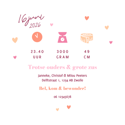 Hartvorm grafisch geboortekaartje hartjes kleurrijk stoer Achterkant