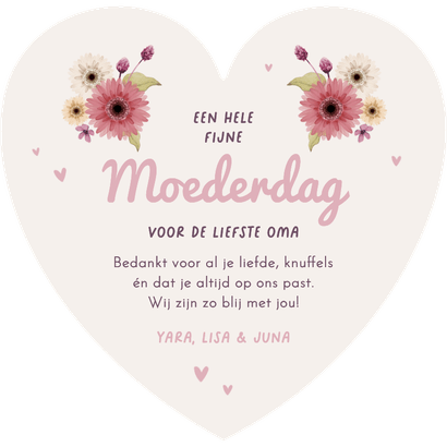 Hartvorm moederdagkaart bloemen roze foto's liefste oma Achterkant