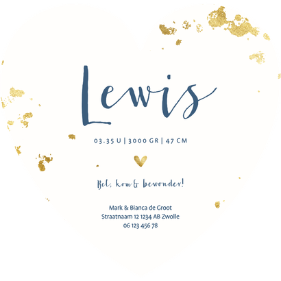 Hartvormig geboortekaartje blauwe waterverf gouden spetters Achterkant