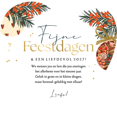 Hartvormige kerstkaart kerstknuffel kerstbal goud hartjes Achterkant