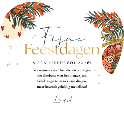 Hartvormige kerstkaart kerstknuffel kerstbal goud hartjes Achterkant