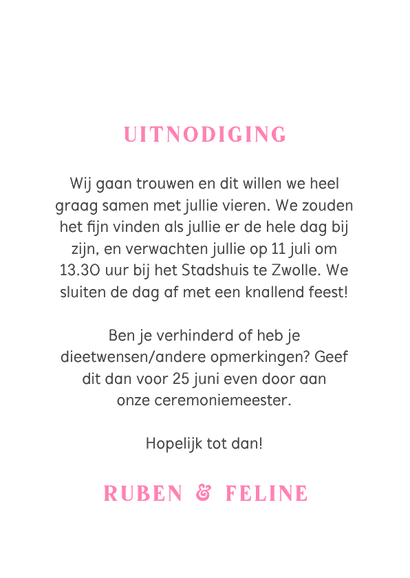 Hip en trendy trouwkaartje gestreept roze oranje hartje boog Achterkant