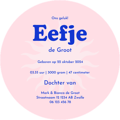 Hip rond geboortekaartje minimalistisch Achterkant