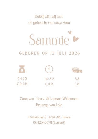 Hip unisex geboortekaartje ovaal met ooievaar illustratie Achterkant