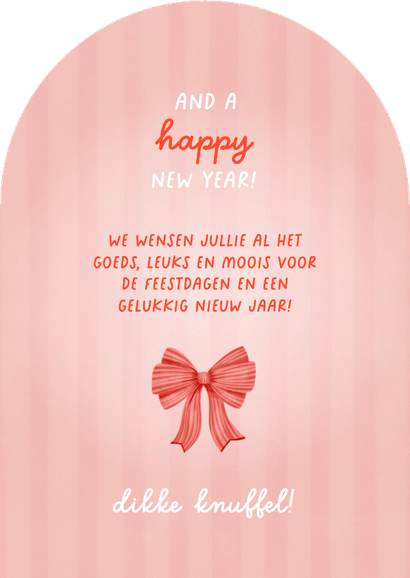 Hippe boog kerstkaart strikjes kerstboom hartjes en hulst Achterkant