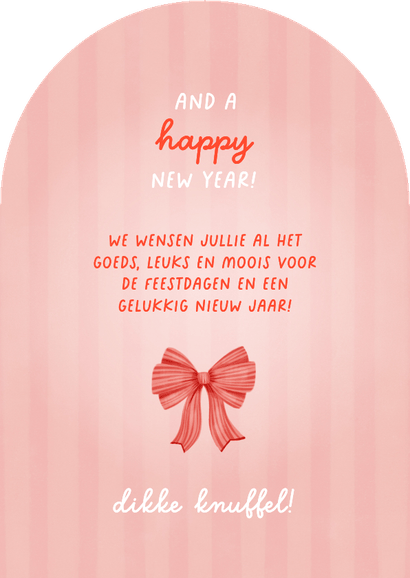 Hippe boog kerstkaart strikjes kerstboom hartjes en hulst Achterkant