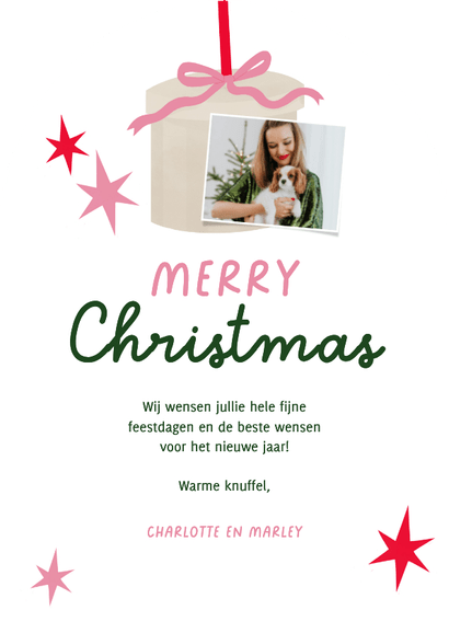 Hippe kerstkaart strepen strikje sterren merry christmas Achterkant