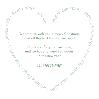 Internationale zakelijke kerstkaart hartvorm met talen Achterkant