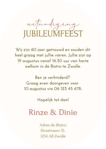 Jubileum uitnodiging 60 jaar getrouwd beige bloemen ovaal Achterkant