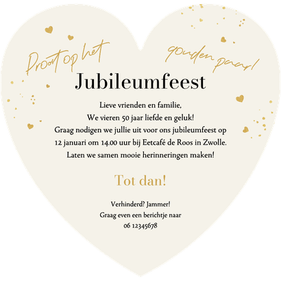 Jubileum uitnodiging hartvorm liefde gouden huwelijk foto's Achterkant