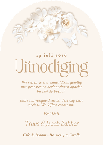 Jubileumkaart met foto en witte bloemen in boogvorm Achterkant