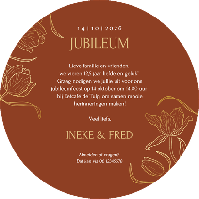 Jubileumkaart rond koper huwelijk met vintage tulpen Achterkant