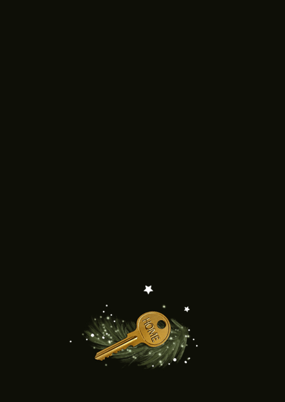 Kerst en verhuiskaart foto huisje sleutel 'merry new home' Achterkant