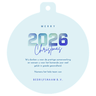 Kerstbal kerstkaart futuristisch 2026 blauw Achterkant