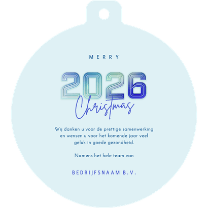 Kerstbal kerstkaart futuristisch 2026 blauw Achterkant