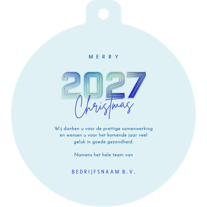 Kerstbal kerstkaart futuristisch 2027 blauw Achterkant