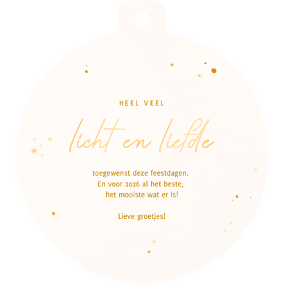 Kerstbal kerstkaart uiltje licht en liefde voor 2026 Achterkant
