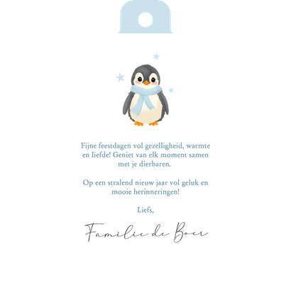 Kerstbal kerstkaartje met schattige pinguin donkerblauw Achterkant