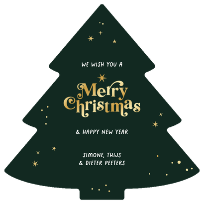 Kerstboom fotokaart merry christmas goud sterren Achterkant