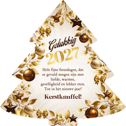 Kerstboomvorm kerstkaart bruine takken, kerstballen sterren Achterkant