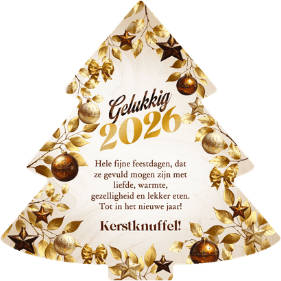 Kerstboomvorm kerstkaart bruine takken, kerstballen sterren Achterkant