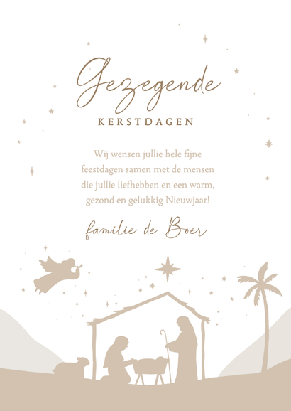 Kerstkaart boogvorm beige kerststal engel sterren Achterkant