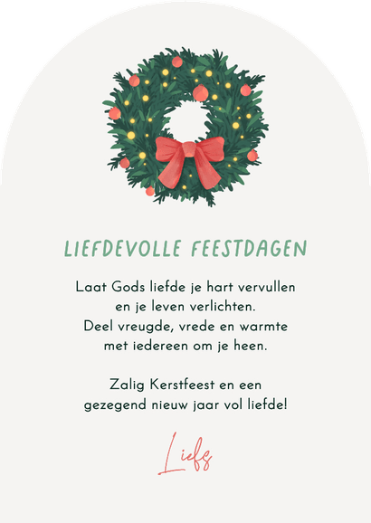 Kerstkaart boogvorm kerstkrans strik christelijk feestdagen Achterkant