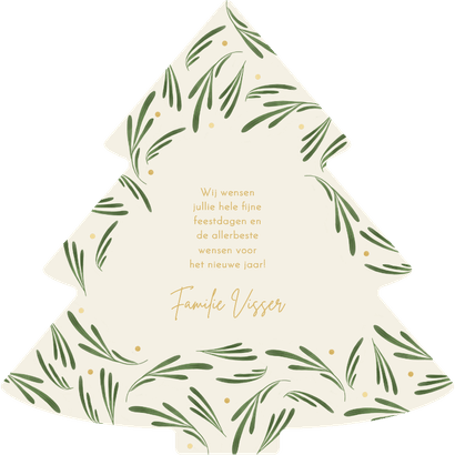 Kerstkaart botanische takjes met gouden tekst kerstboom Achterkant