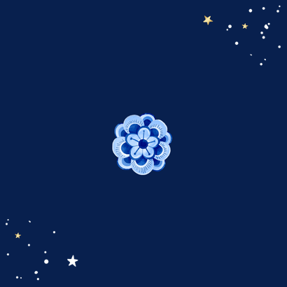 Kerstkaart delfts blauw bloemen sprankelend sterren stijlvol Achterkant