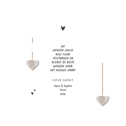 Kerstkaart hart hout hangers loving christmas foto's Achterkant