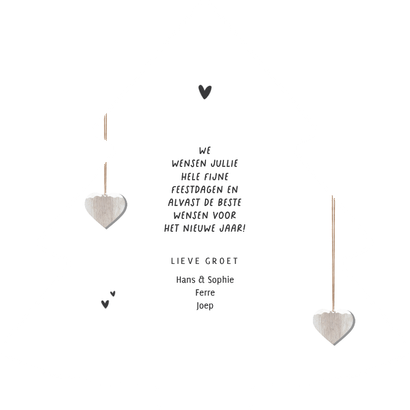 Kerstkaart hart hout hangers loving christmas foto's Achterkant