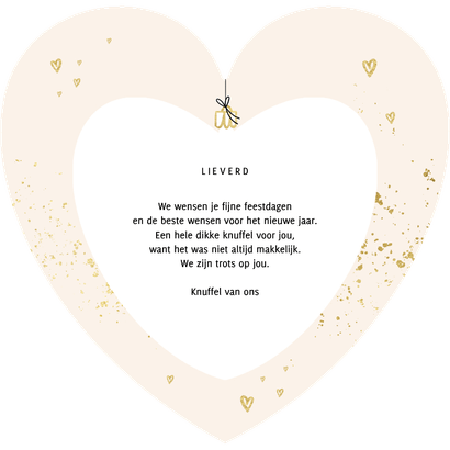 Kerstkaart hartvorm kerstknuffel gouden spetters Achterkant