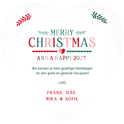 Kerstkaart hartvorm met Scandinavische kerst illustraties Achterkant