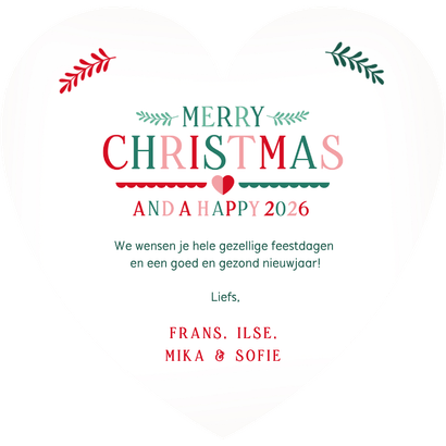 Kerstkaart hartvorm met Scandinavische kerst illustraties Achterkant