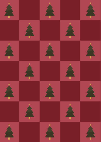 Kerstkaart ho ho ho blokjespatroon met kerstbomen Achterkant