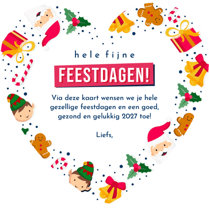 Kerstkaart in hartvorm met vrolijke kerst illustraties Achterkant