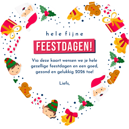 Kerstkaart in hartvorm met vrolijke kerst illustraties Achterkant