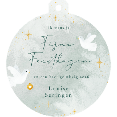 Kerstkaart in kerstbal vorm met witte duifjes Achterkant