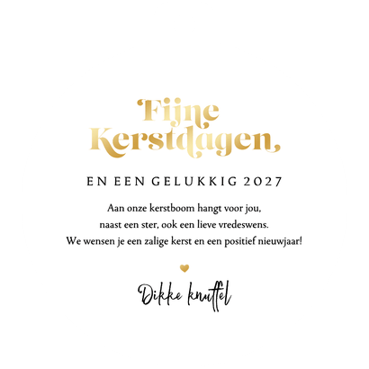 Kerstkaart kerstbal fotocollage hartjes sneeuw goud Achterkant